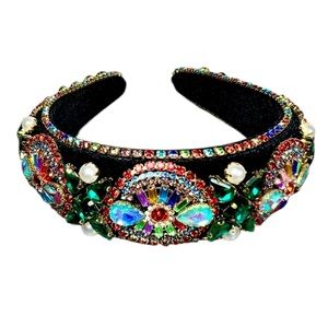 Black Velvet Colorful Crystal Rhinestone Embellished Glitzy Headband